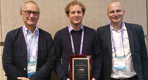 AAPS Award Winner Philip J. Sassene; to his right Vice Dean at Faculty of Health and Medical Sciences, UCPH, Sven Frøkjær. Left, Head of Department of Pharmacy Flemming Madsen. AAPS Lipid-based Drug Delivery Graduate Student Award to Philip J. Sassene, 2015